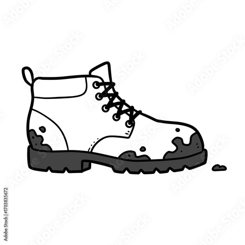 Dirty work boots with mud stains on white background  