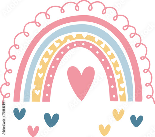 Pastel rainbow with hearts and swirls pink blue