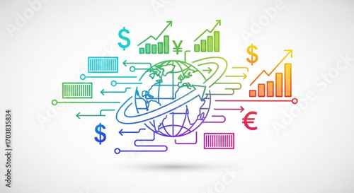 Global financial growth and trade analytics visualized with vibrant interconnected charts, currency symbols, and shipping containers showcasing international commerce.