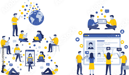 Social media illustration, global connectivity, online collaboration, digital interface, profile interaction, messaging, laptop users, vector design, flat style, colorful concept