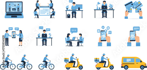 Remote work illustration, delivery service icons, digital communication, mobile apps, video call, online business, vector design, flat style, modern lifestyle