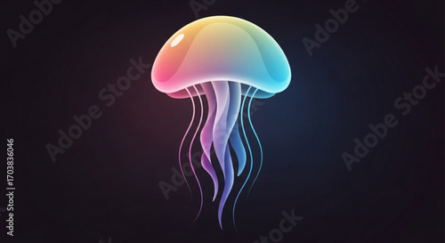 Vibrant, ethereal jellyfish glows with a captivating rainbow gradient, showcasing fluid motion and a mesmerizing, otherworldly beauty perfect for aquatic or fantasy themes.
