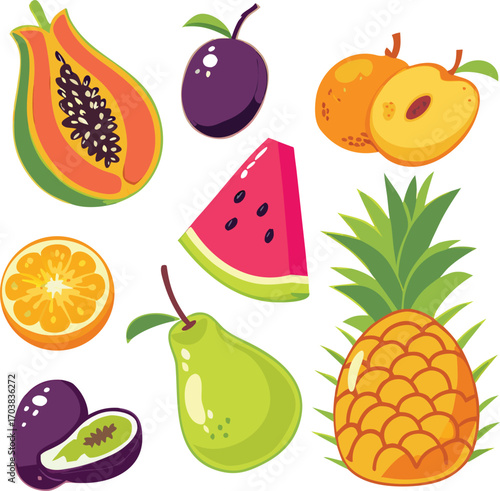 Papaya plum peach watermelon orange pear passionfruit pineapple vector