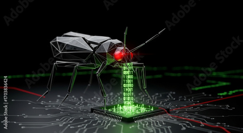 Digital insect cyberattack infiltrates computer chip, injecting binary code and threatening data security with intense red eyes and glowing green data streams