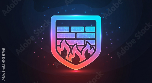 Secure your digital world with a glowing neon firewall shield, representing strong protection against cyber threats and online dangers, conveying safety and trust.