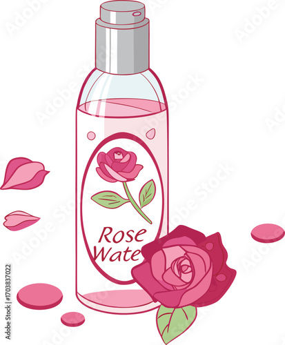 Pink rose water bottle with petals vector