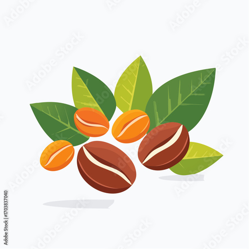 Coffee Beans and Leaves: A vibrant illustration showcases freshly roasted coffee beans, artfully arranged with lush green leaves, offering a fresh, aromatic, and natural coffee experience.