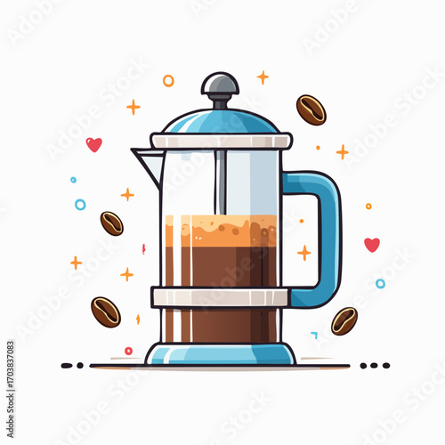 Brewing Ritual: Capturing a detailed illustration of a French press, brimming with rich coffee, surrounded by coffee beans and delicate design elements, hinting at the perfect morning ritual.