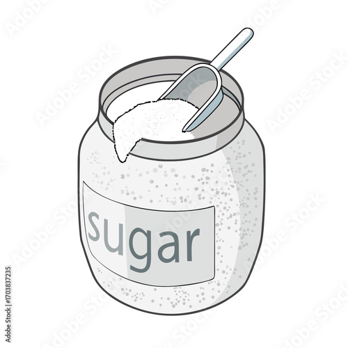 White granular sugar in glass jar with scoop vector