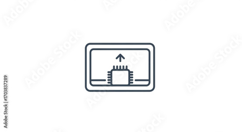 Modern technology concept showing circuit board chip with upward arrow symbolizing progress, innovation, and digital advancement in a clean, sleek design