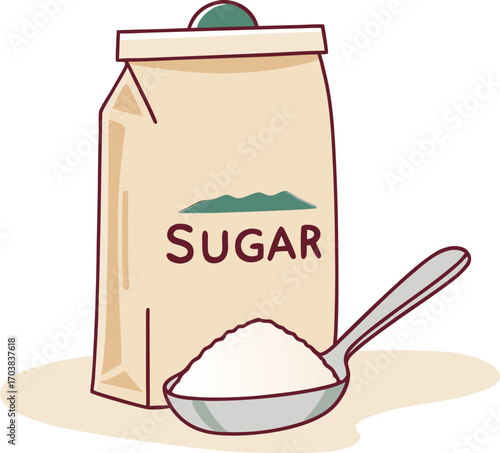 Beige bag of sugar with spoon full of white granules vector