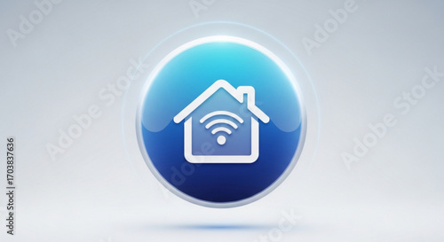 Modern smart home icon with glowing Wi-Fi signal inside a sleek blue digital interface, perfect for technology concepts and connectivity.