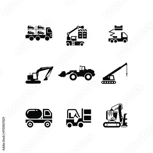 Industrial and Construction Equipment Icons – Black and White Vector Set for Engineering and Infrastructure Projects