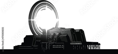 Futuristic structure with glowing portal, science fiction architecture