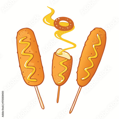 Three golden corn dogs with yellow mustard drizzle and a ring of cheese food snack