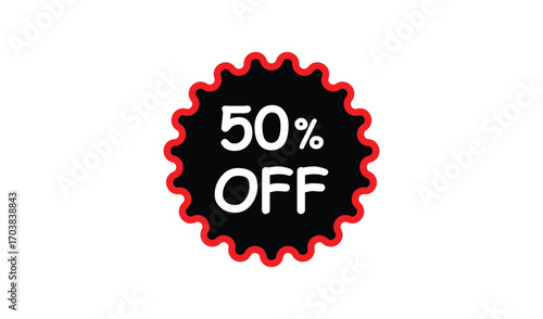 Fifty percent off sale sticker with jagged red border