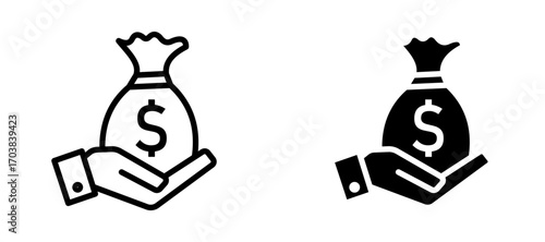 Money in hand Icons in solid and liner versions.