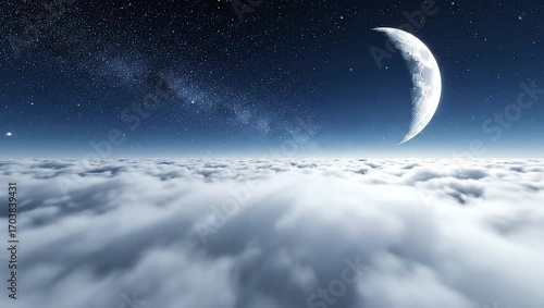 First-person view (FPV) soaring like a bird over a dense, fluffy cloudscape at midnight. A large, detailed crescent moon illuminates the scene, with thousands of twinkling stars and a faint nebula in 