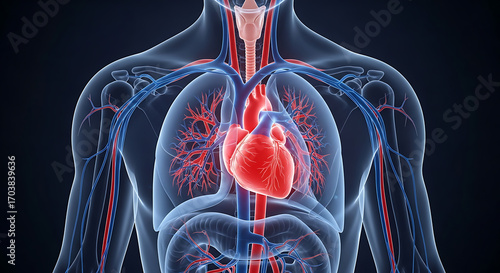 Human anatomy illustration showing heart lungs and circulatory system in detail