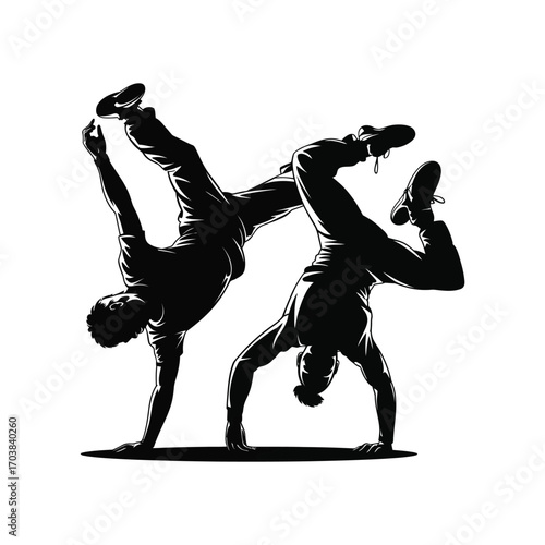 Dynamic Breakdancers Silhouette Illustration Performing Acrobatic Moves in Black and White