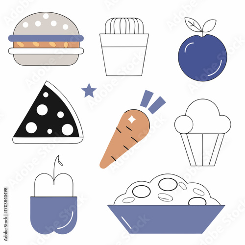 Illustration of a burger, cactus, plum, pizza, star, carrot, cupcake, apple, and salad in a bowl design on transparent background silhouette