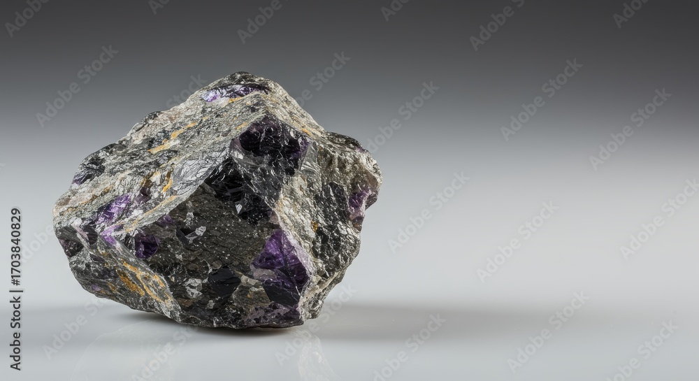 Naklejka premium A sizable, rough-hewn stone displays a striking interplay of dark gray and purple mineral formations.
