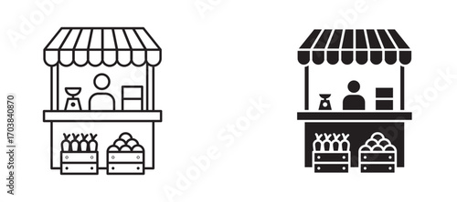 Farmer stall Icons in solid and liner versions.