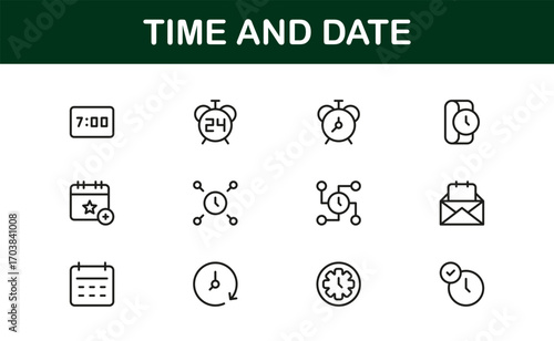 For events, tasks, and reminders, flat time and date icons are used.  With clean and modern looks, it's great for apps, productivity software, and business projects.