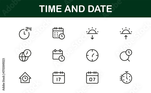 Outline time and date icons to help with planning, setting deadlines, and remembering things.  Professional and flexible images can make business projects, apps, and websites better.
