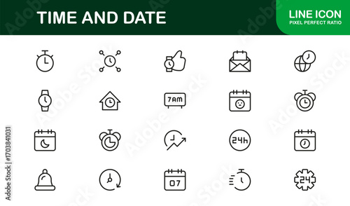 Outline time and date icons for reminders, schedules, and productivity.  Perfect for websites, apps, and office projects with versatile and modern visuals.