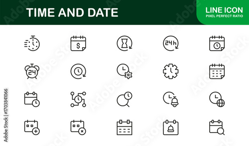 Linear time and date icons for calendars, events, and schedules.  Perfect for apps, productivity projects, and office tools with modern and versatile visuals.