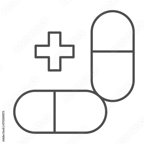 Two capsules of medicine thin line icon, pharmacy concept. Vector graphics. Capsules with plus, medication sign on white background, outline style icon for mobile or web design.