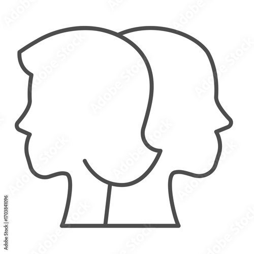 Two heads with faces thin line icon, family therapy concept. Vector graphics. Bickering of man and woman, mental health sign on white background, outline style icon for mobile or web design.