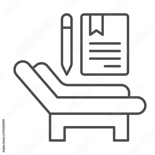 Therapy bed and test paper with pen thin line icon, family therapy concept. Vector graphics. Psychologist consultation sign on white background, outline style icon for mobile or web design.
