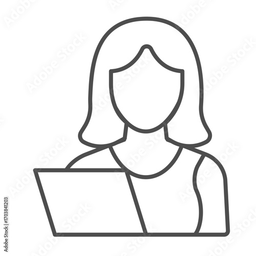 Woman and test sheet paper thin line icon, family therapy concept. Vector graphics. Young woman and notebook, profile sign on white background, outline style icon for mobile or web design.