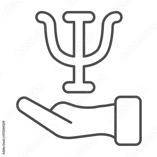 Trident and helping hand thin line icon, mental therapy concept. Vector graphics. Hand with trident, psychiatry sign on white background, outline style icon for mobile or web design.