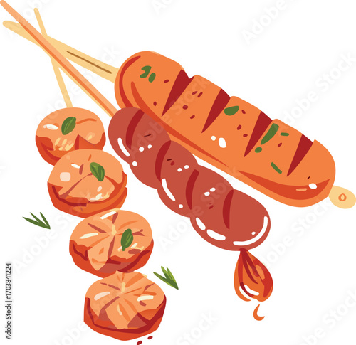 Grilled food skewers with shrimp and sausage vector