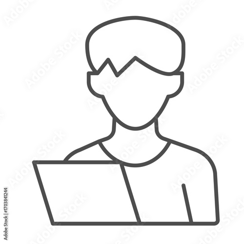 Man and test sheet paper thin line icon, family therapy concept. Vector graphics. Young man and notebook, profile sign on white background, outline style icon for mobile or web design.