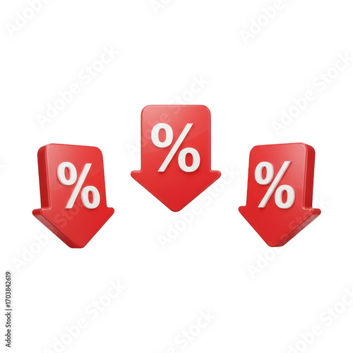 Three glossy dimensional red percentage discount icons pointing down announcing sales and offers transparent background