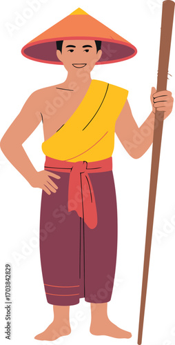 Traditional Asian Farmer Vector Illustration with Conical Hat and Staff in Simple Style