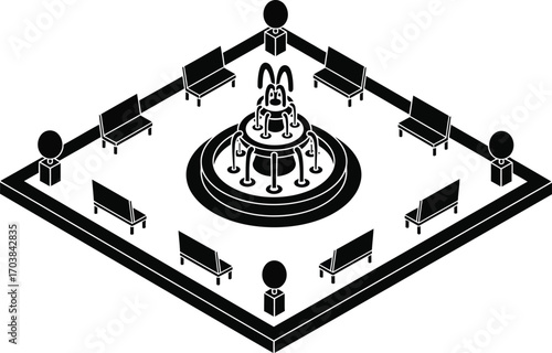 Minimalist fountain park with benches, isometric view, urban landscape