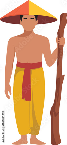 Traditional Southeast Asian Farmer with Conical Hat and Staff Rural Life Icon