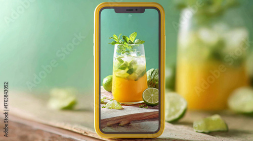 Food Matters Recipe app screen, featuring an orange and green drink with lime slices on the side in front of a wooden table