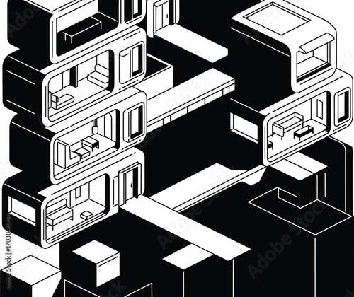 Modular futuristic architecture, isometric housing, sustainable living concept