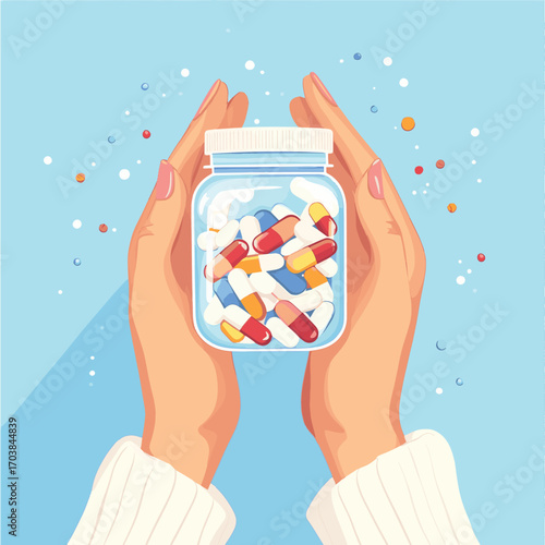 Female hands holding jar pills, drugs or vitamins