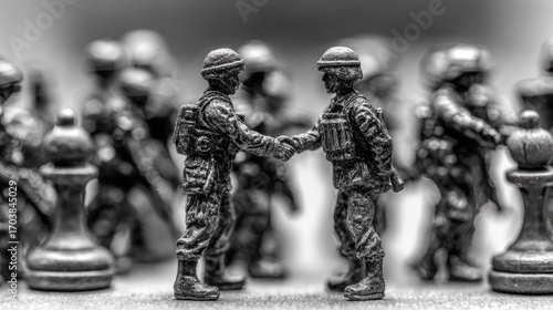 Miniature soldiers shaking hands amidst a group.