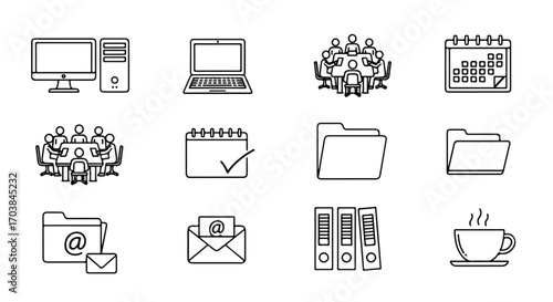 Set of linear icons representing office workflow concepts, business management, and digital communication tools for modern workplace graphics