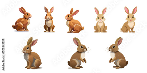 Vector set of rabbits, set of cartoon style vector rabbits in various poses and artistic styles, ideal for children's books, animation, educational materials, pet illustrations, and creative projects
