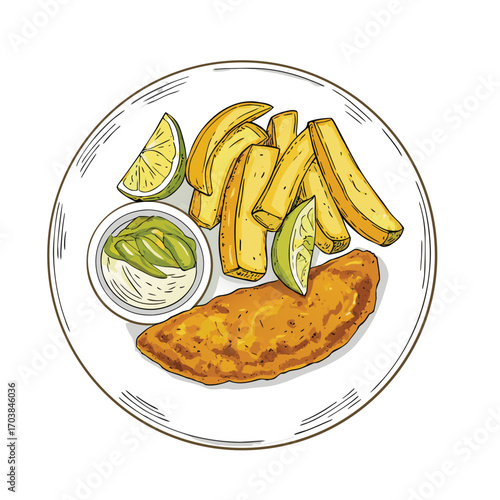 Golden fried fish with crispy potato wedges and creamy dip chips potatoes