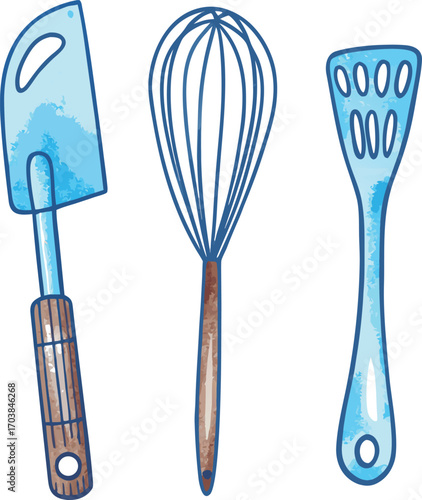 Blue kitchen utensils whisk spatula scraper vector